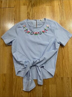Bleuh ciel- Embroidered Blue & White Stripe Tie-Front Women’s Top